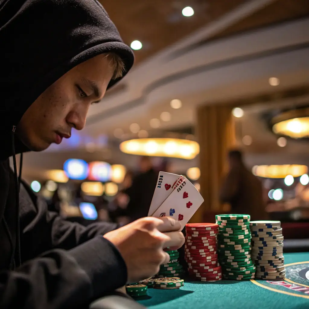 A person carefully managing their chips at a Blackjack table, demonstrating responsible bankroll management.